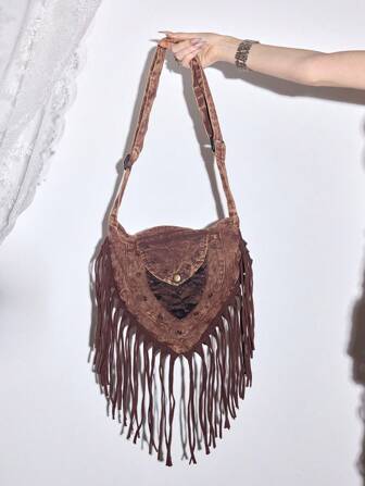 Hippie Hippie Rustic Style Flower Petal Lace Tassel Crossbody Bag, Music Festival Wanderer Travel Casual Personalized Metal Zipper Sling Bag, Handmade Random Dyed