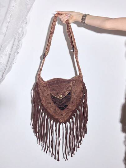 Hippie Bolso de hombro estilo cruzado tipo bandolera, de estilo hippie rústico con pétalos de flores, encaje, flecos y cremallera metálica personalizada. Bolso casual para festival de música, hecho a mano con tintes aleatorios