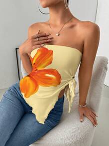 INAWLY Women Floral Print Drawstring Asymmetric Hem Sleeveless Camisole Top