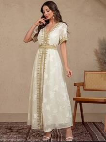 SHEIN Clasi 2pcs Set Women Elegant V-Neck Short Sleeve Robe And Dress With Embellished Decor - Apricot - View 6