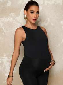 MaterniChic Maternity Solid Color Round Neck Casual Jumpsuit Summer Outfits