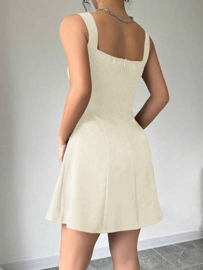 Elenzga Women's Casual Summer Holiday Plain Low-Cut Waist Cinched Dress Mini Short Women Outfit