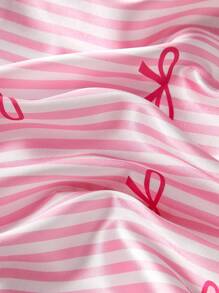 Young Girl Pajamas Pink Bow Striped Satin-Like Trim Colorblock Short Sleeve & Shorts Nightwear Set, Fashion Lapel Casual Homewear Back To School Fashion