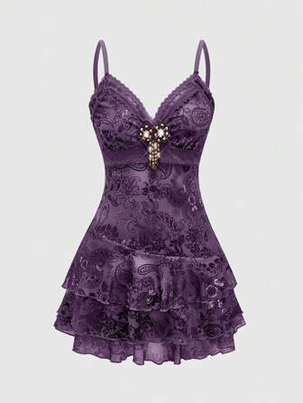 Vestido mini con estampado de paisley, volantes, cinta y encaje inspirado en el estilo hippie vintage para mujer