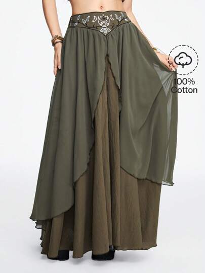 Fairycore Jupe longue à blocs de couleurs avec broderie contrastée de style Renaissance pour le printemps et l'été