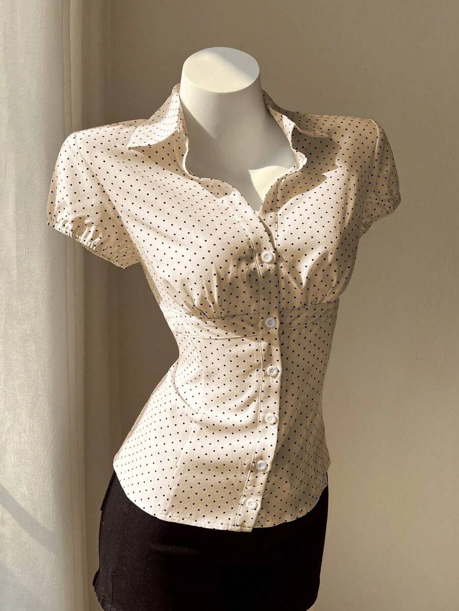 Elamini Women's Polka Dot Print Lapel Fitted Short Sleeve Blouse - Apricot - View 1