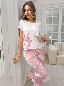 SHEIN Cute Rabbit And Letter Print Casual Women Pajama Set - Pink - View 3