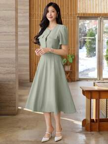 DAZY Women's 2pcs Set Elegant Solid Color Round Collar Blouse & Skirt, Spring/Summer - Green - View 1
