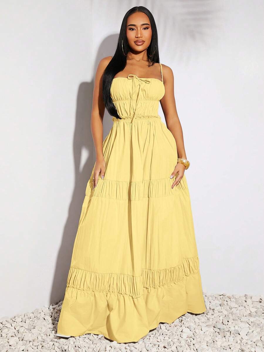 SHEIN SXY 春夏季度假婚礼情人节女装优雅洋气服装灰卡其色仿麻面料大吊带背心褶皱设计一摆长连衣裙 - 黃色 - 查看 1