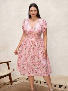 SHEIN Clasi Plus Size Pink Floral Boho Dress: Knee-Length, V-Neck, Half Sleeve Wrap Dress In Woven Fabric