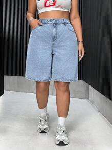 SHEIN ICON Plus Size Casual Washed Loose Denim Shorts Y2k Drake - Light Wash - View 1