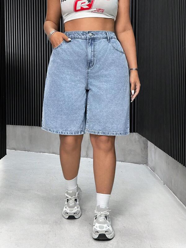 SHEIN ICON Plus Size Casual Washed Loose Denim Shorts