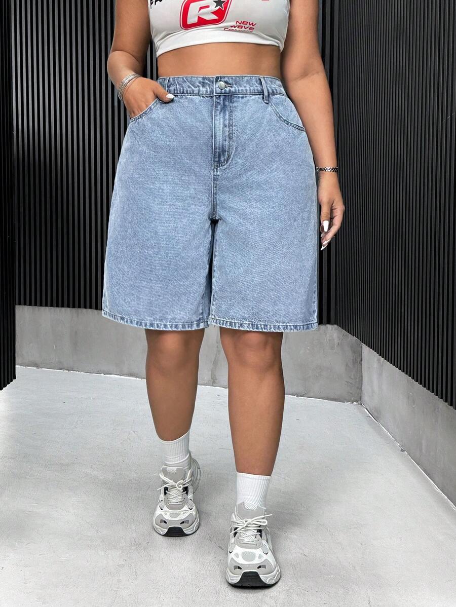 SHEIN ICON Plus Size Casual Washed Loose Denim Shorts Y2k Drake - Light Wash - View 1