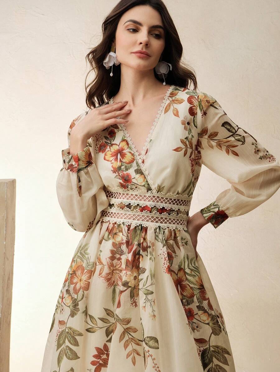 Anewsta Vestido elegante de manga larga con cuello en V, cintura y manga acampanada con estampado floral y encaje, adecuado para vacaciones, primavera/verano, festivales, graduación