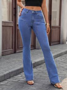SHEIN Essnce Women's Fashionable Casual Versatile Flared Jeans - Medium Wash - View 1