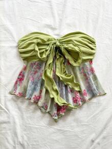 Soleia Women's Tie-Dye Ditsy Floral Asymmetrical Hem Camisole Crop Top, Suitable For Vacation, Music Festival, Bohemian, Holiday, Afternoon Tea