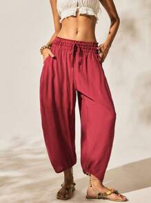 Easelle 长裤 不对称下摆 假日风格 橙色 长裤 夏季 薄款 - 珊瑚橙 - 查看 6