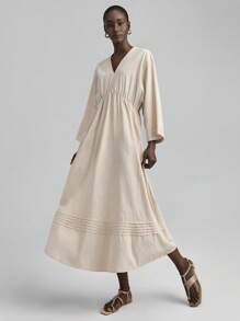 Ontre 女款四季杏色沙滩裙海边度假连衣裙条纹V领长袖宽松连衣裙休闲都市简约时尚城市通勤 - 卡其色 - 查看 8