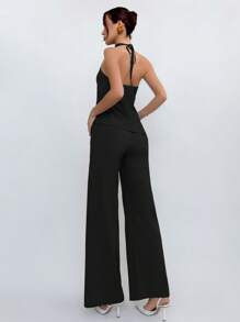 Halter Top And Light Brown Pants Set, Simple Style For Going To Work - Black - View 2