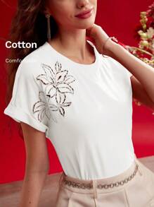 MOTF PREMIUM Camiseta con mangas tipo murciélago y bordado floral, Día de San Valentín