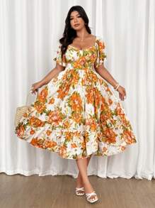 Flirla Plus Size Women Flounce Sleeve Open Slit Ruffled Hem Printed Dress, Romantic Elegant For Party, Vacation - Yellow - View 5