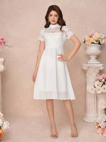 SHEIN Pitira Vestido de encaje blanco semitransparente y parches de gasa hasta la mitad de la pierna para niñas adolescentes, apropiado para ocasiones como fiestas, elegante, bodas, regreso a clases, graduación