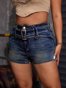 SHEIN ICON Quần short denim bó sát đã giặt cỡ lớn - Rửa tối - Xem 6