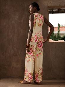 Maija Completo elegante da donna con vestaglia smanicata e pantaloni slim dritti, stampa di peonie, design in vita arricciato, chic per vacanze primavera/estate, feste, vita raccolta