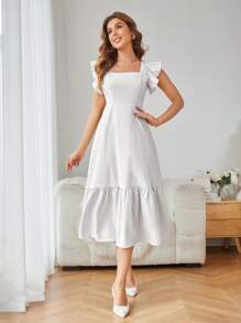 Revavyn Solid Color Square Neck Ruffle Armhole And Hemline Dress Vacation Outfits Woman   Old Money Style For Summer - White - View 4