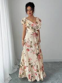 Elenzga V-Ausschnitt Digitaldruck Blumen Urlaubs Volant Taille A-Linie elegantes romantisches Damenkleid