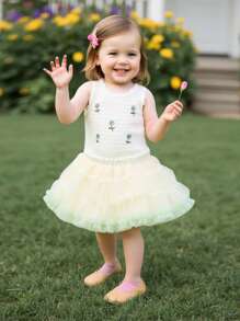 SHEIN 2 pezzi/Set Nuova estate per bambine Top a maglia canottiera e gonna tutu ricamata traforata, Abito da principessa alla moda con gonna ampia - Verde - Visualizzare 6