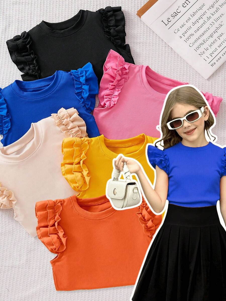 Tween Girls' Casual Solid Color Cap Sleeve T-Shirt, Summer,Holiday,Travel - Royal Blue - View 1