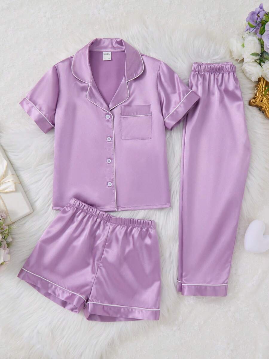 3 PiecesGirls' Purple Solid Color Satin Loose Sleepwear Set, Includes Short Sleeve Top, Shorts, And Pants, Comfortable And Casual For Spring/Summer - Mauve Purple - View 1