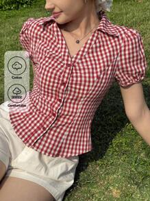 CovetEZ Women's Summer Clothing Holiday Casual Red And White Plaid Short Puff Sleeve Single-Breasted Lapel Waist Casual Shirt - Red - View 2