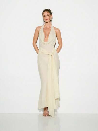 KIZN Elegant Halter Neck Cowl Maxi Dress Evening Gown Draped Front Plunging Neckline Fitted Gown Special Occasion Wedding Guest Formal Ball Gown