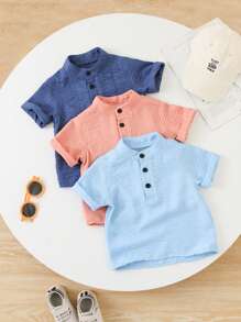 SHEIN Vintaside Kids Bộ 3 áo quần cho bé trai, áo sơ mi cổ đứng cài nút màu xanh, hồng, áo tay ngắn mềm mại, thoải mái, thích hợp mặc hàng ngày, du lịch, mùa xuân hoặc mùa hè, áo sơ mi 6 tháng-3 tuổi - Hồng - Xem 2