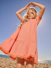 SHEIN Young Girls V-Neck Tassel Pleated Puff Sleeve Loose Blouse, Casual Style Mori Girl Dress - Coral Pink - View 3