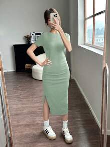 SHEIN Vestido casual de punto con cintura acanalada y fruncida con abertura para adolescentes