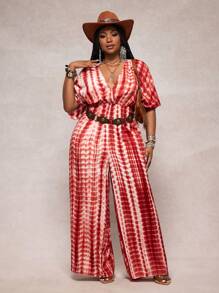 Slaydiva 2025 Spring & Summer Deep V-Neck Tie-Dye Wide Leg Jumpsuit - Multicolor - View 1
