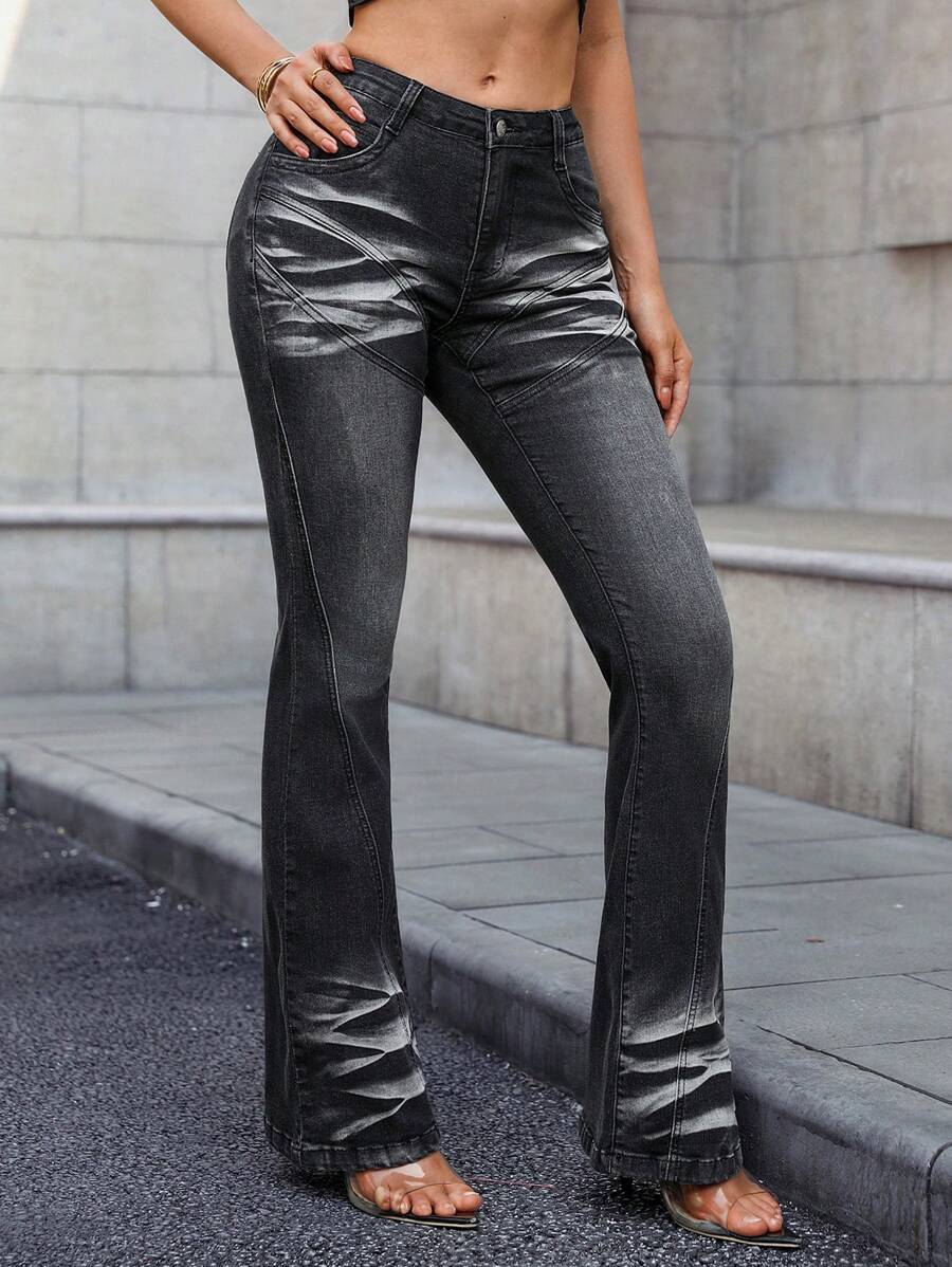 SHEIN Essnce Women's Versatile Fashion Casual American Style Bell-Bottom Jeans - Grey - View 1