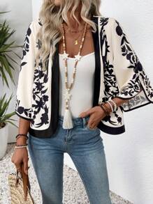 EMERY ROSE Women's Vacation Plant Print 3/4 Sleeve Loose Front Open Casual Lightweight Jacket