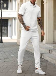 Manfinity Homme Men's Apricot Textured Fabric Short Sleeve Polo Shirt & Pants Set - White - View 1