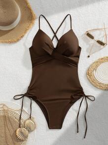 Swim Lushoire Maiô Casual Feminino com Franzido no Peito e Ajuste Justo com Cordão nas Laterais, Maiô Elegante Monopeça para Esportes e Praia - Café - Visão 6