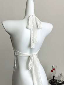 Elamini White Lace Floral Sheer Add-Lined Pleated Backless Halter Tie-Up Camisole, Sexy, Casual, Elegant, Sweet, Minimalist, Holiday Style For Women, Summer