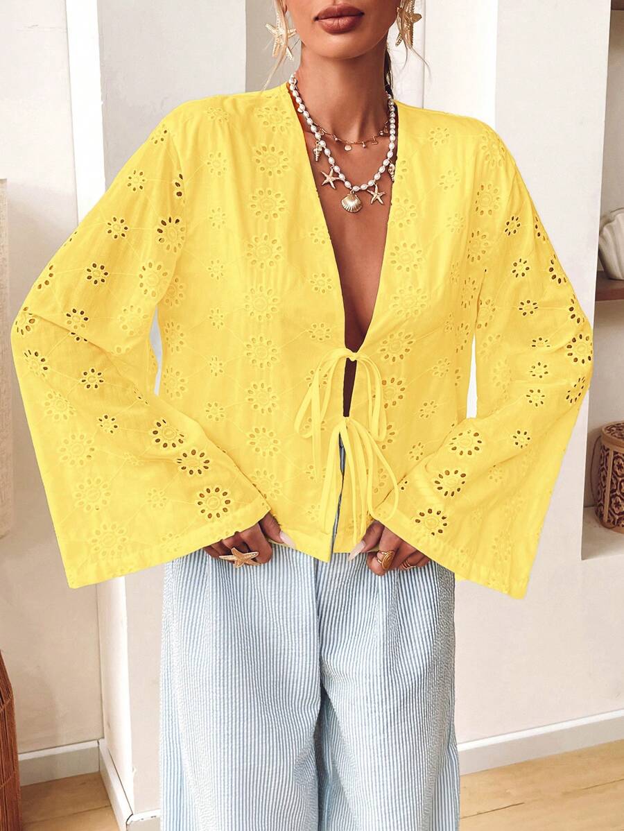 SHEIN VCAY 休闲纯色梭织宽松女式长袖衬衫，前系带设计