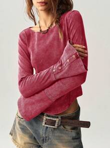 Bohemela BOHO Vacation Solid Color Knit Round Neck Flare Sleeve Fitted Regular Women T-Shirt