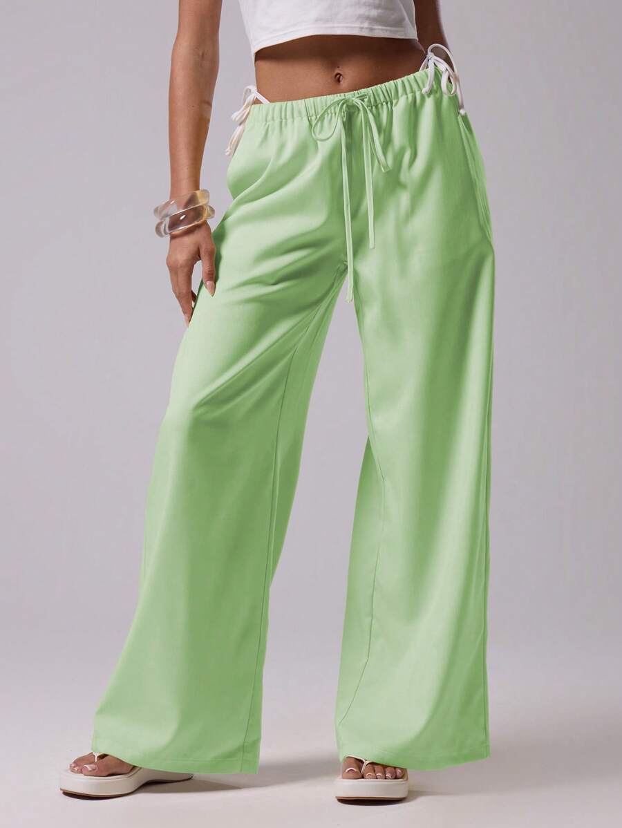 MUSERA Holiday Textured Linen Feel Tie Waist Trouser Ibiza Fits Summer Boho Airport Chic Elegant - Green - View 1