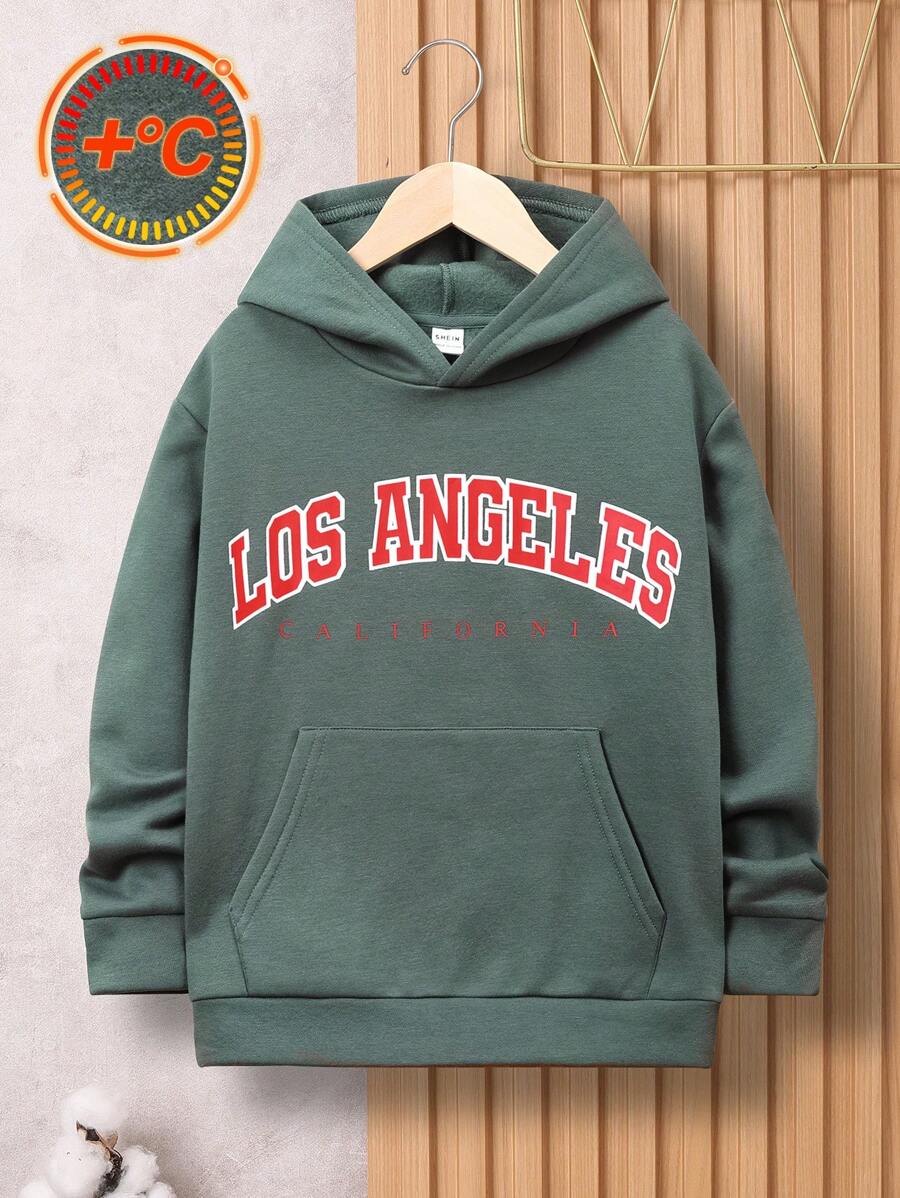SHEIN Tween Boy Letter Graphic Kangaroo Pocket Hooded Thermal Lined Sweatshirt - Green - View 1