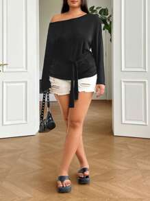 SHEIN EZwear 大码休闲度假宽松系肩卫衣，舒适居家和夏季 - 黑色 - 查看 5