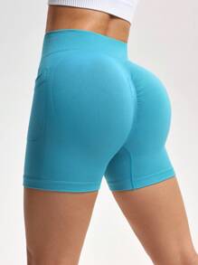 Sovereign Charm Solid Color High-Waisted Seamless Sports Shorts With Pockets Biker Shorts - Blue - View 2